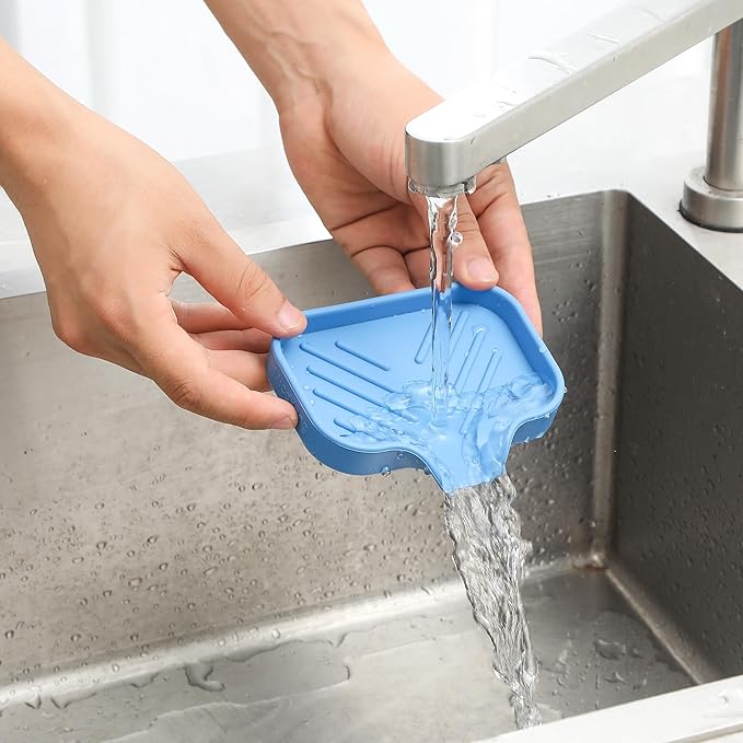 MicoYang Silicone Soap Dish with Drain Spout — Self-Draining Sink Organizer Tray for Bathroom & Kitchen, Holds Bar Soap, Sponges & Dispensers, Non-Slip & Dishwasher Safe, Lichen Blue(Small, 4.9"×3.2")