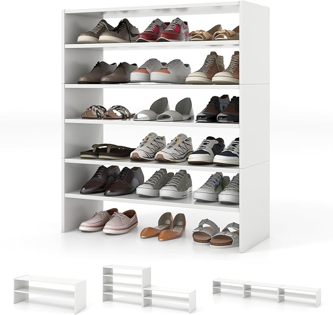 Tangkula 6-Tier Stackble Shoe Rack for Closet, Space Saving Wooden Corner Shoe Storage Shelf for 18 Pairs, 3-in-1 Adjustable White Shoe Organizer for Front Door Entryway