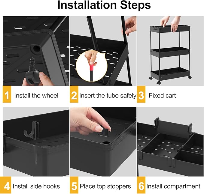 SPACELEAD 3 Tier Rolling Cart with Wheels, Storage Craft Art Trolley Organizer Serving, 3 Hanging Baskets Easy Assembly, for Office, Bathroom,Living Room, Kitchen, Black