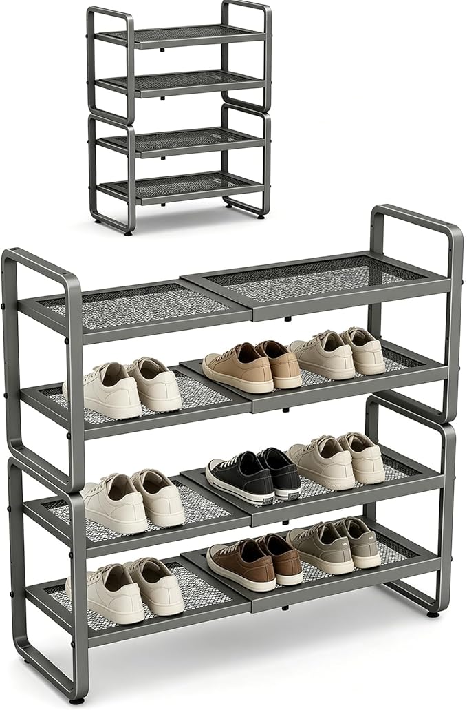 SAYZH Expandable Shoe Rack for Closet, Adjustable Metal Shoe Organizer with Sturdy Mesh Shelves for Boots & Heels, Stackable Shoe Storage for Entryway, Garage, Small Spaces (Grey, 4-Tier)