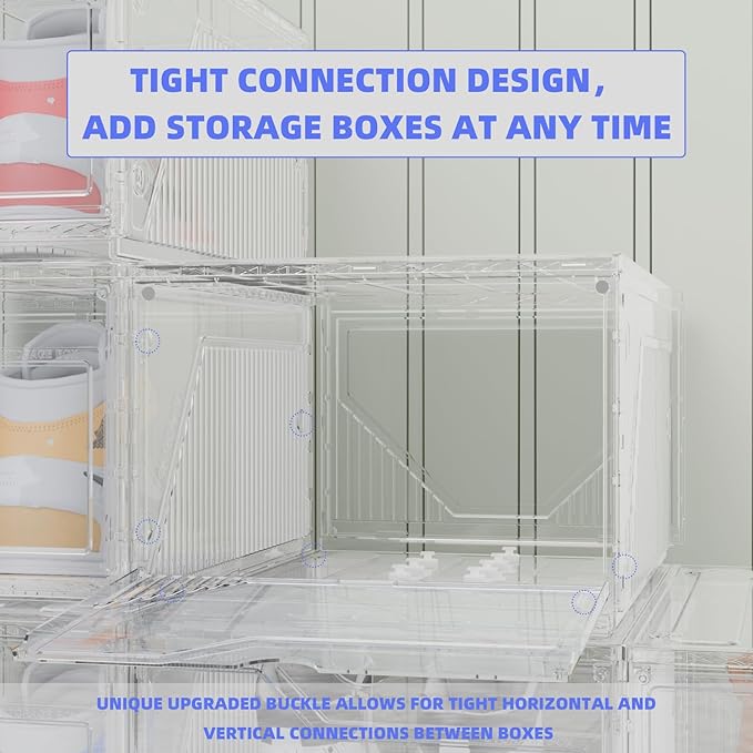 6 Pack Upgraded XX-Large Closet Organizers and Storage with Magnetic Door, New structure is more stable, Thicken & Sturdy Clear Stackable Interconnectable Shoe Box for Entryway, Under Bed