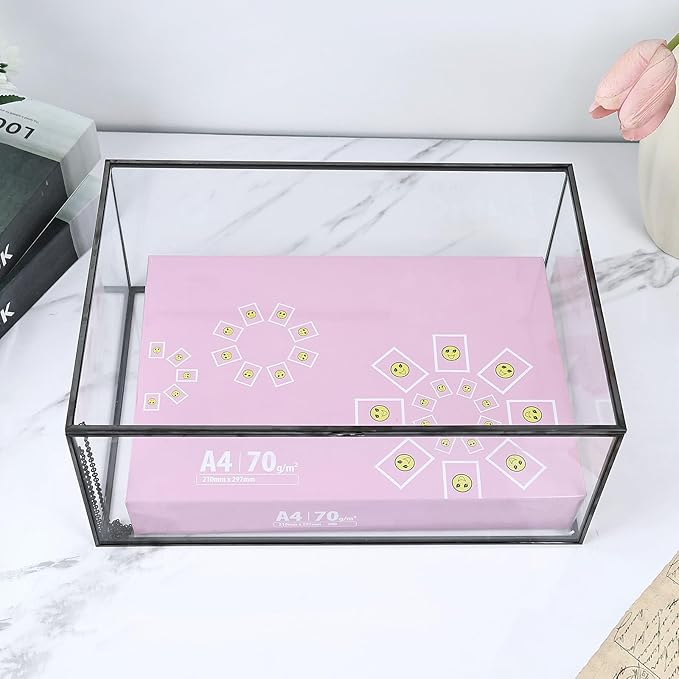 HighFree Vintage Glass Box with Lid - Clear Jewelry Glass Display Box Keepsake Box - Home Decor Decorative Box for Trinket Rings Bracelet (Black, X-Extra Large)