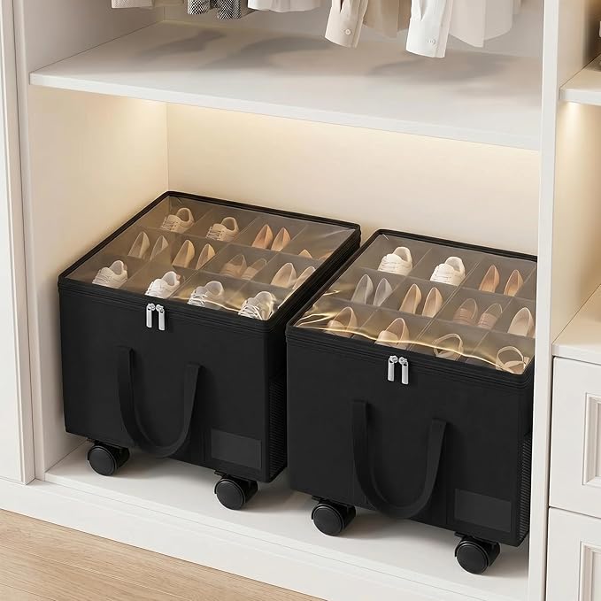 Large Shoe Organizer for Closet, Adjustable Dividers Shoe Storage Box Bins with Wheels Clear Cover Reinforced Handle Side Pocket Fits up to 16 Pairs, Foldable Shoe Organizer for Entryway Black