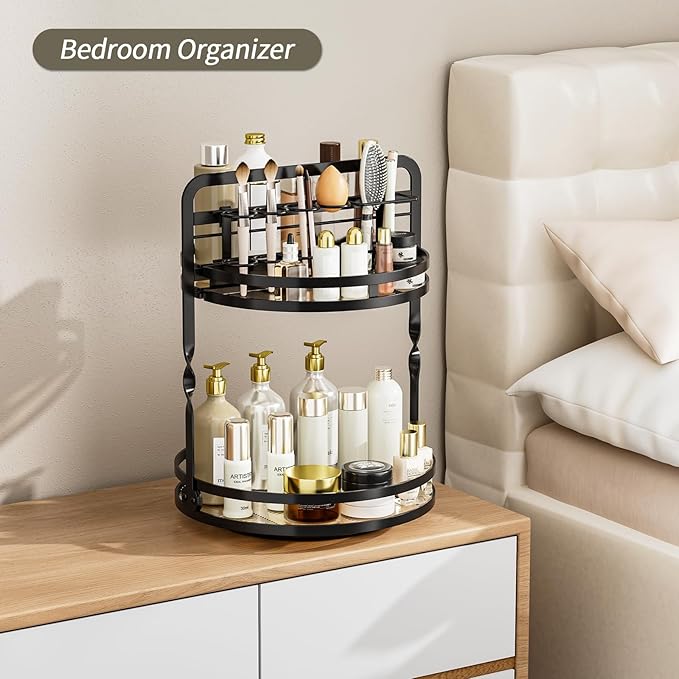 360° Rotating Makeup Organizer, 2-Tier Black Perfume Organizer for Dresser