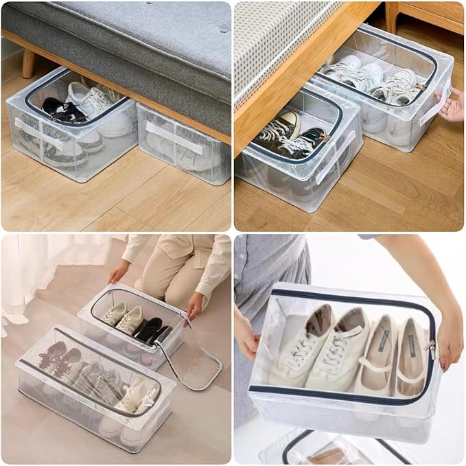 Stackable Storage Boxes with Clear Lids, 15.8-Inch Closet Storage Container with Metal Frame for Shoe, Boot, Sneaker (2 Pack, 19Qt, 15.8x11.8x6in)