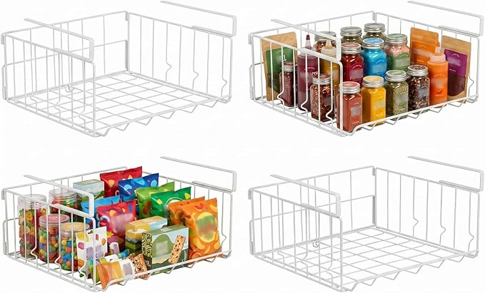 Under Shelf Basket Storage, Steel Under Shelf Hanging Wire Baskets Shelves for Laundry Room Kitchen Desk Pantry Bookshelf (White, 4 Pack)