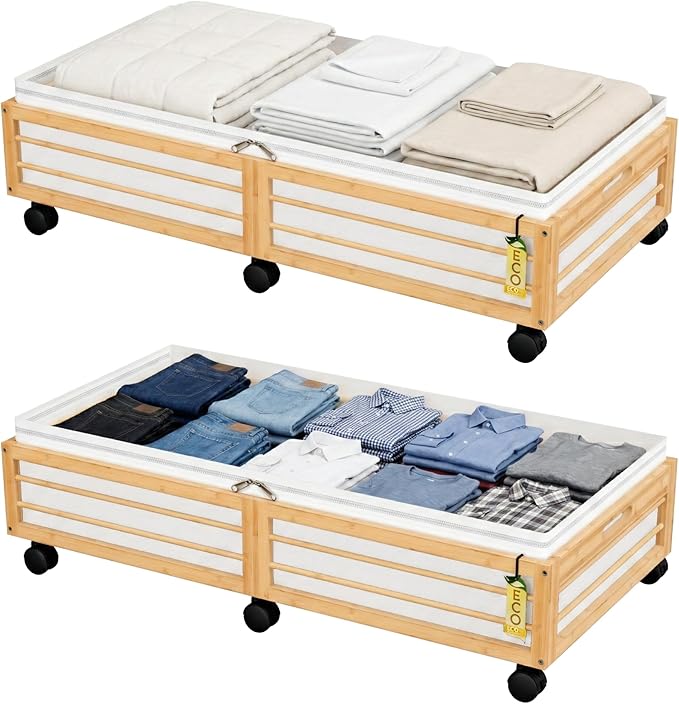Under Bed Storage Containers with Wheels, Larger Bamboo Wood Under Furniture Storage Containers with Dust Bags๏ผRolling for Shoes Clothes