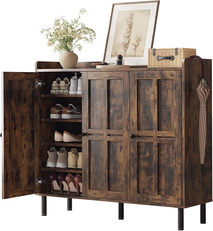 5+2 Tier Shoe Storage Cabinet with 3 Doors, 40" Tall Entryway Cabinet for 30 Pairs Shoe, Shoe Rack Organizer with 5 Adjustable Shelves & Metal Legs, Shoe Storage for Front Door Entrance, Rustic Brown