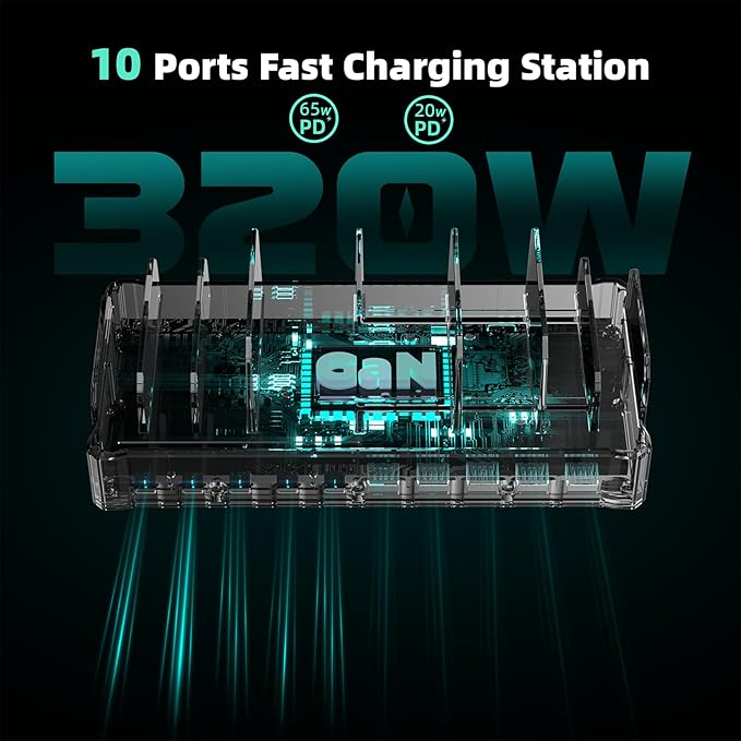 320W Charging Station for Multiple Devices, Zobirez 10-Port USB C Fast Charger Stations for MacBook, iPhone, Android Cell Phone, iPad, Tablet Family Multi-Device Organizer Charging Dock, Orange
