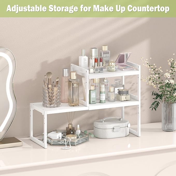 DOLALIKE Expandable Kitchen Countertop Organizer, Stackable Cabinet Shelf Organizers, Space Saving Spice Rack Pantry Storage for Bathroom Office Organization (White, 1 Tier)
