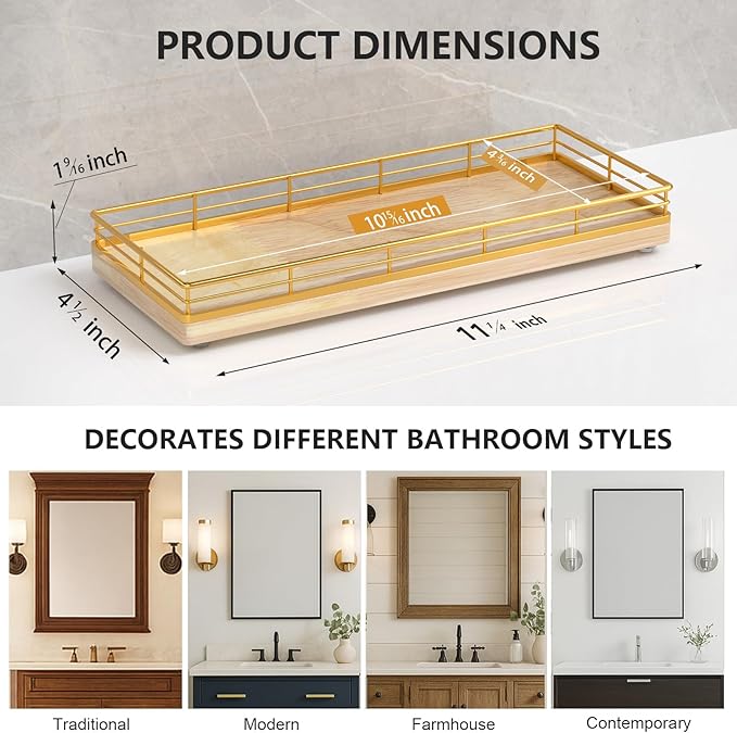 Bathroom Tray for Counter Top Organizer, Gold & Oak Decorative Storage