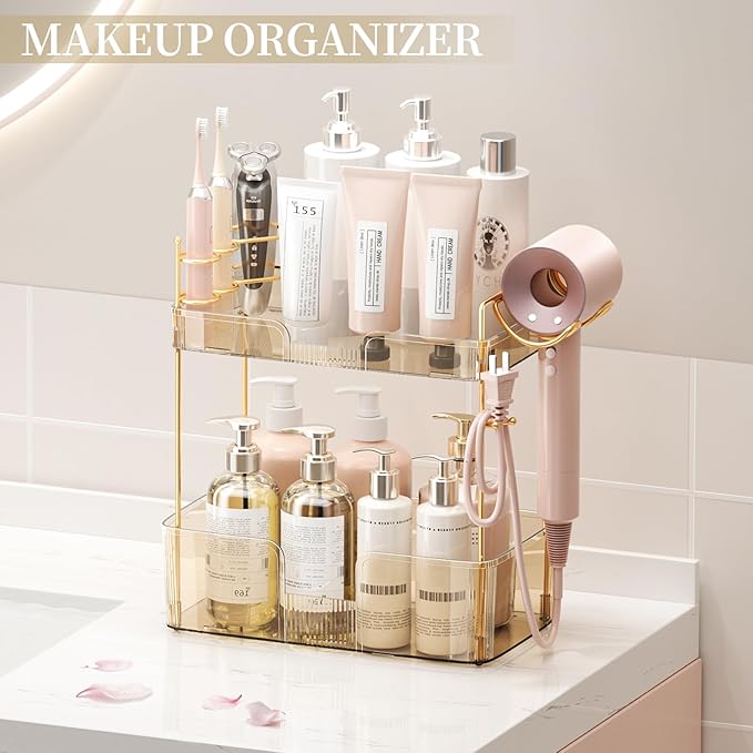 Shuang Qing 2 Tier Gold Bathroom Counter Organizer with Hair Dryer Holder, Skincare & Makeup Organizer, Cosmetics Shelf for Vanity Tray