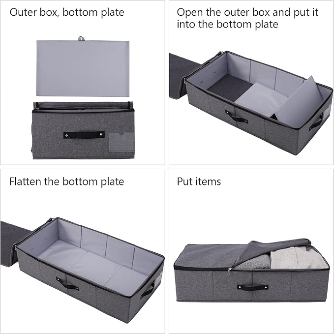 Under Bed Storage Bins with Lids, Closet Organizers, Foldable Under-bed Storage Baskets for Sheets, Clothes, Quilts, Sweaters, Wrapping Paper, 29x15x7inch, Black Gray, 2PCS
