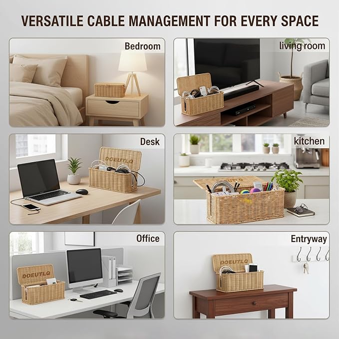 Desk Organizer Decorative Rattan Decor Countertop Cable Management Box Charging