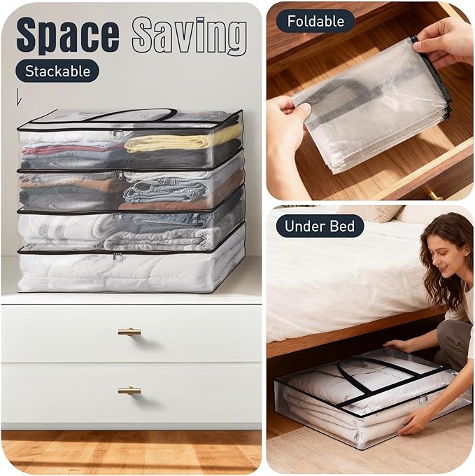 Clear Under Bed Storage Containers - 6 Pack Large Capacity Clothes Storage Bags with Lid & Sturdy Handles, Foldable Moving Bags, Clothing Organizer Totes for Bedding, Comforter, Sheet(60 L)