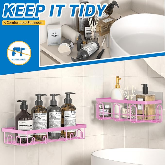 DTUQYX Shower Caddy 9 Pack,Adhesive Organizer for Bathroom Decor Accessories & Kitchen Storage,No Drilling,Large Capacity,Rustproof Stainless Steel Organizer,Home Decor Shelves (Pink 9 Pack)