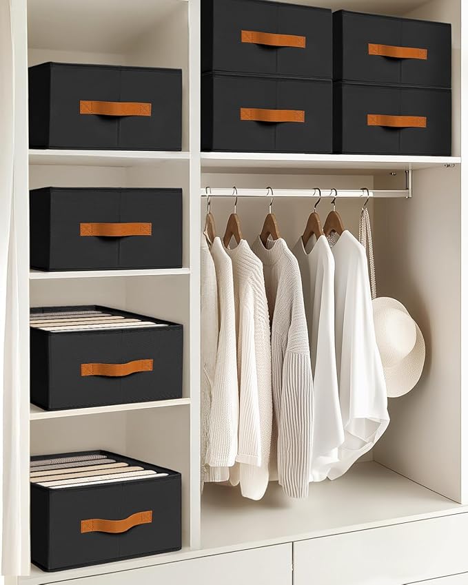 Homsorout Closet Organizers and Storage - Fabric Clothes Organizer with Handles, Foldable Jeans Organizer for Clothes, Drawer Organizer for Shirts, Bra, Sweater, Scarf, 6 Pack, Black