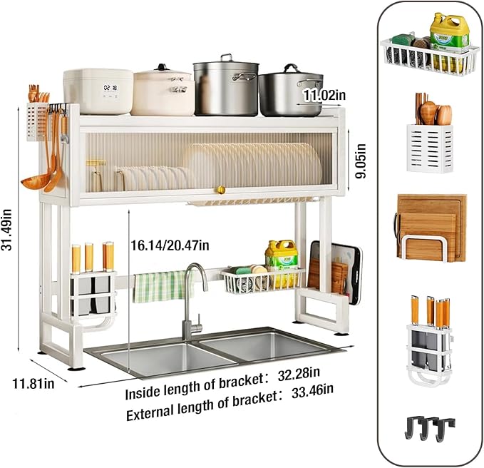 Milkshake White 3 Tier Over Sink Dish Rack Drainer with Cover - Space-Saving Organized Drying Rack for Dishes, Glasses, Bowls, Cutlery