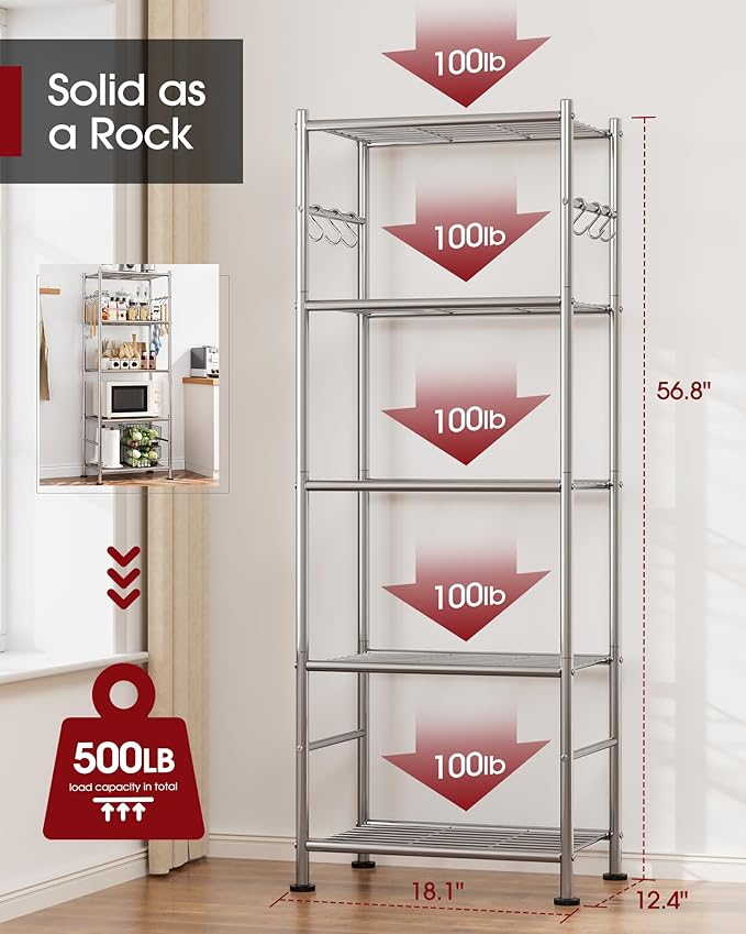 Storage Shelves, 5-Tier Large Capacity Shelf Organizer with Hooks, Silver