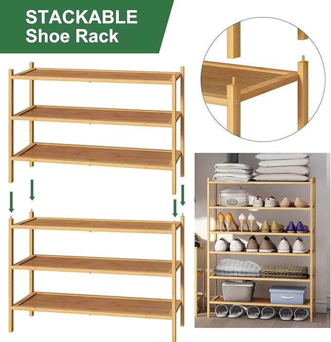 kiplant 3-Tier Shoe Rack for Closet, Bamboo Wood Shoe Rack for Indoor & Outdoor, Stackable Shoe Organizer for Entryway (Natural, 3-Tier)