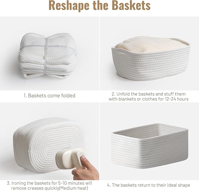 5 Pack White Small Woven Storage Baskets for Shelves, Cotton Rope Baskets Organizer for Bathroom, Closet & Nursery, Decorative Storage Bins for Organizing Socks, Toys, 11.8"x7.9"x4.7"