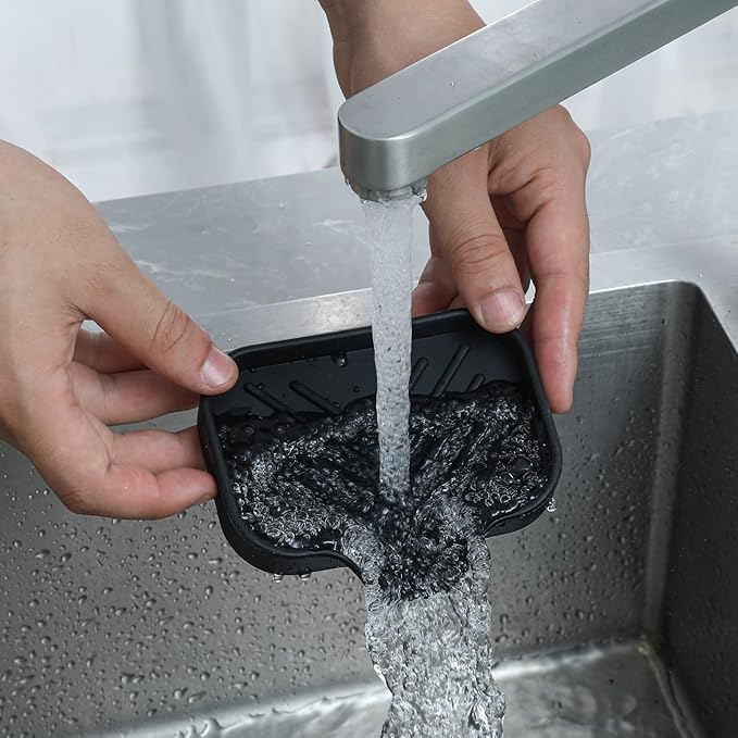 MicoYang Silicone Soap Dish with Drain Spout — Self-Draining Sink Organizer Tray for Bathroom & Kitchen, Holds Bar Soap, Sponges & Dispensers, Non-Slip & Dishwasher Safe, Black (Small, 4.9"×3.2")