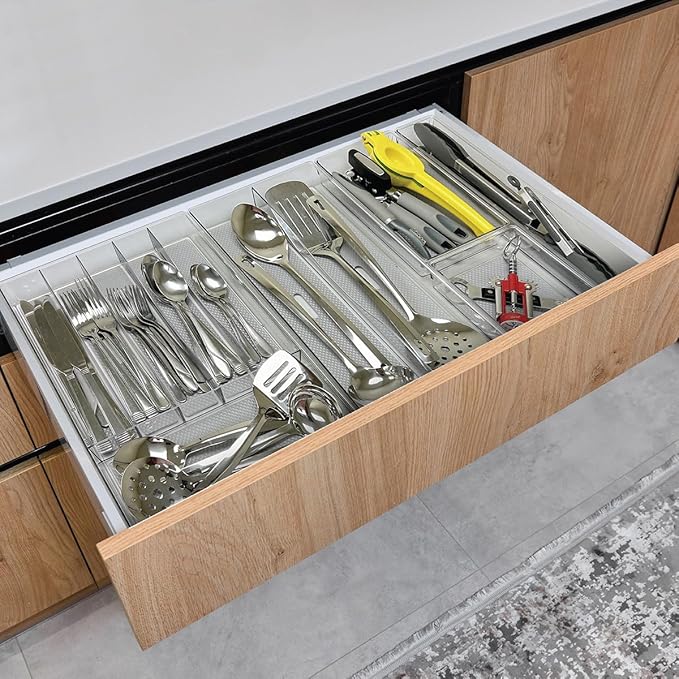 Glad Silverware & Utensil Drawer Organizer - Divided Clear Plastic Storage Tray with 6 Compartments for Kitchen Flatware and Cutlery - BPA Free, Food Safe, Non Slip, 12x15 inches