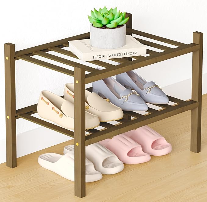 Smiry Bamboo Shoe Rack for Closet, 2 Tier Small Wooden Shoe Organizer, Stackable Wood Shoe Storage Shelf for Entryway, 14 Vertical Slats, One-piece Heavy-Duty Legs, 17.32"x11.02"x12.99", Walnut
