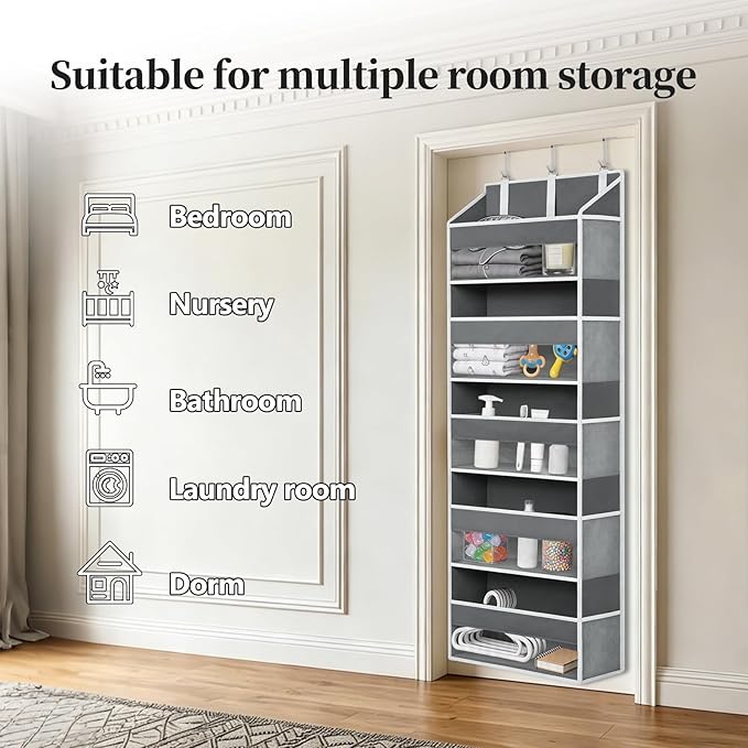Over the Door Organizer, 5 Large Pockets Hanging Storage with Clear Windows, 10 Mesh Side Pockets, Holds Up to 44 lbs, Behind Door Organizer for Toys, Clothes, Nursery, Closet, Dorm, Gray