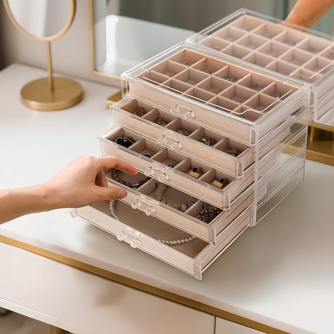 FEISCON Jewelry Box Organizer,Acrylic Storage Organizer with 5 Drawers Adjustable Velvet Trays grid size Jewelry Storage Box Clear Jewelry Organizer Gift for Women Girls (5 layer)