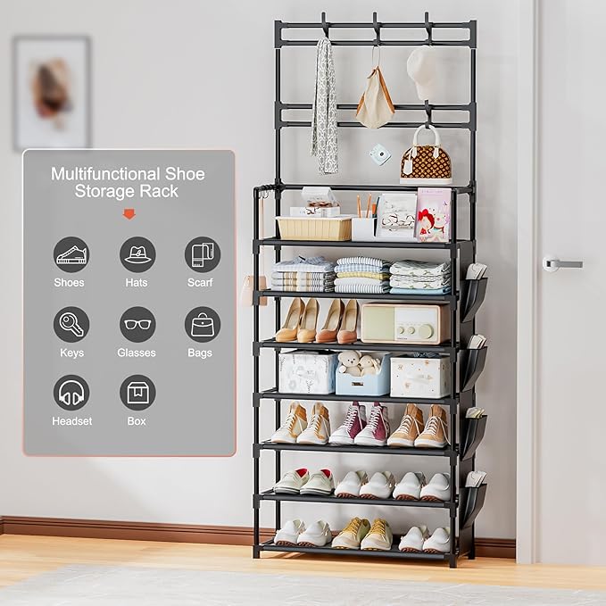 OYREL Shoe Rack 7 Tier Shoe Organizer Storage 21-28 Pairs Closet Shoes Rack for Front Door Entrance Shoe Rack Organizer with Hooks Side Pocket Entryway Large Capacity Shoe Shelf Tower Garage