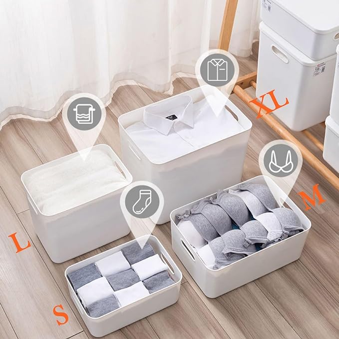 4 pack large plastic White storage bins with Lids, Toy Box Chest with Handle,Organizer Containers Baskets for Baby,Nursery,Shelves,Playroom, Bedroom,Office,Closet,home (White, 4XL)