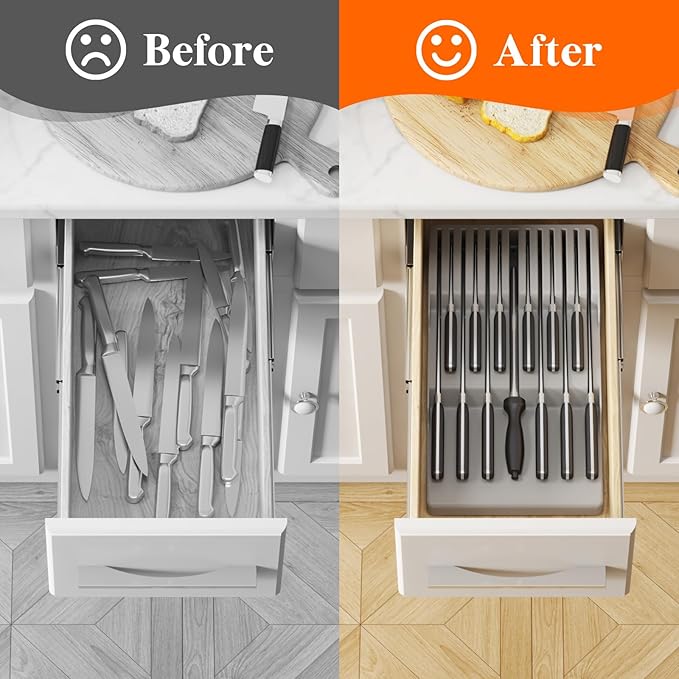 Lifewit Magnetic Drawer Knife Organizers Insert, Kitchen Plastic In Drawer Knife Block Slots, Steak Chefs Knives Holder Storage Sets for 12 Knives and 1 Sharpening Steel, Large, Gray