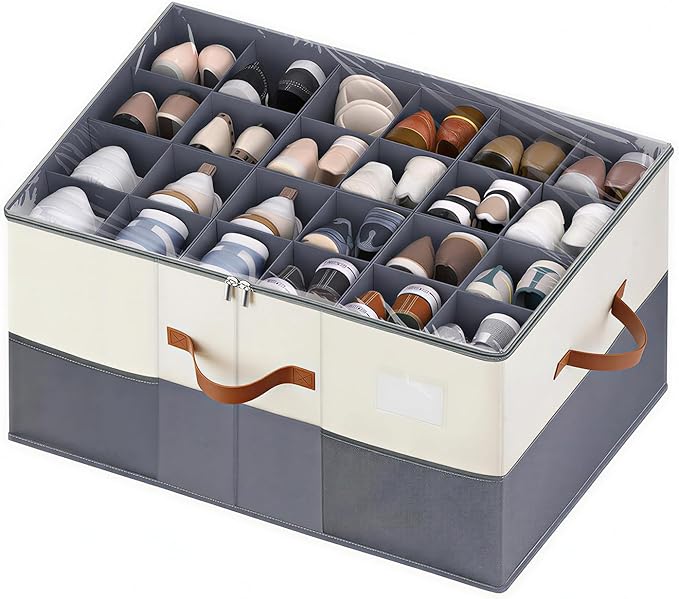 【Upgraded Larger Capacity】Shoe Organizer for Closet Fits 12-24 Pairs with Adjustable Dividers, Large Foldable Shoe Storage Box Bin with Clear Lid & 4 Handles, Plus 2 Mesh Pockets and Category Label