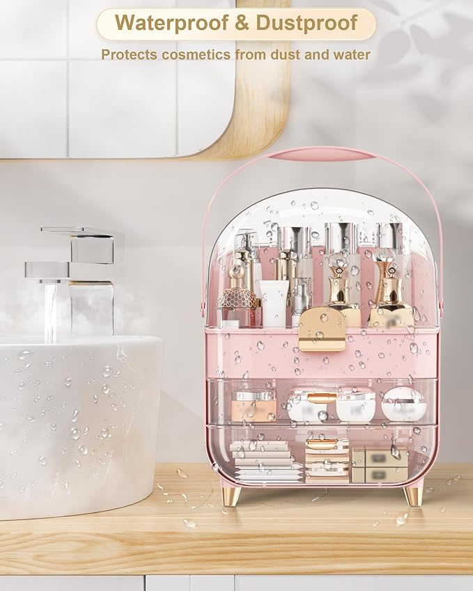 Makeup Organizer Countertop, Skincare Holder Bathroom Counter Organizer, Storage Box Cosmetic Display Cases, Teen Girl Gifts Make up Organizers (Pink/Brush)