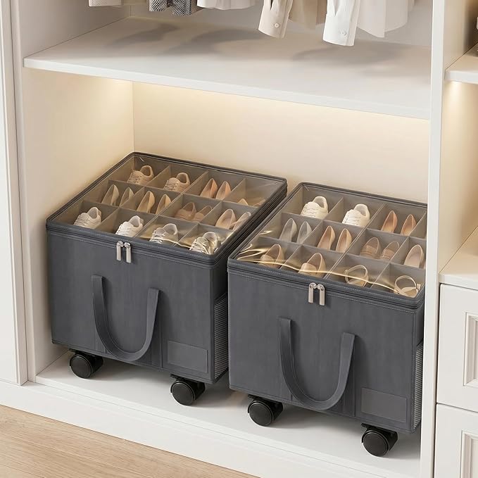 Large Shoe Organizer for Closet, Adjustable Dividers Shoe Storage Box Bins with Wheels Clear Cover Reinforced Handle Side Pocket Fits up to 16 Pairs, Foldable Shoe Organizer for Entryway Grey