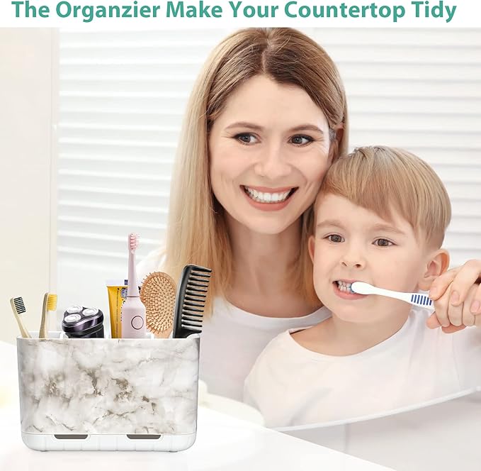 Boperzi Electric Toothbrush Holder for Bathroom Organizer Countertop, Detachable Anti-Slip Toothpaste Storage Caddy 6 Slots White Marble with Drainage Holes for Makeup Brush Razor Stand