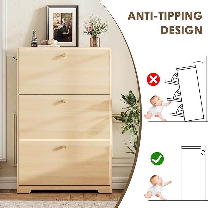 Nicetree Shoe Storage Cabinet, Slim Shoe Cabinet, Hidden Shoe Rack Cabinet, Shoe Storage Cabinet for Entryway, Hallway, Foryer, Natural Oak