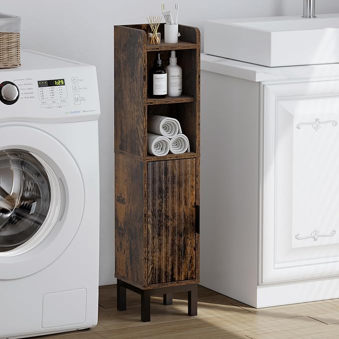 FerniTry Small Bathroom Storage Cabinet, Corner Floor Narrow Toilet Paper Cabinet with Door and Shelves,Bathroom Organizer with Adjustable Shelf, for Small Spaces (Rustic Brown)