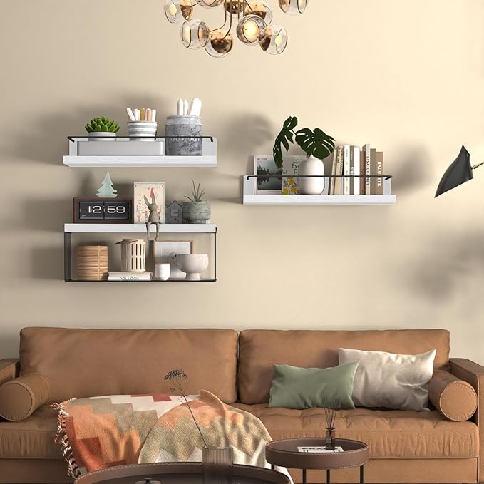PopiShelves Bathroom Shelves Over Toilet for Wall, Floating Shelves with Storage Basket Paper Holer for Kitchen Living Room, Bedroom & Classroom, Set of 3 (White and Black)