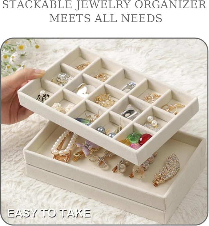 1 Pcs Earring Organizer Stackable Trays,Jewelry Drawer Inserts Container Display Case Storage for Earring Necklace Rings -Beige