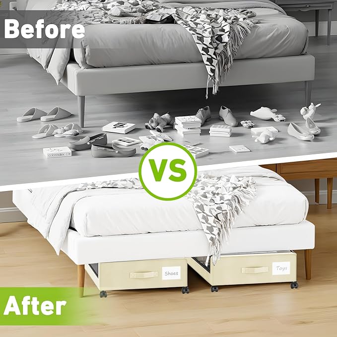 Molutsody Under Bed Storage with Wheels, 2-Pack Underbed Storage Containers with Clear Lids, Under Bed Shoe Storage Organizer, Rolling Under Bed Storage for Clothes Shoes Blankets (Beige)