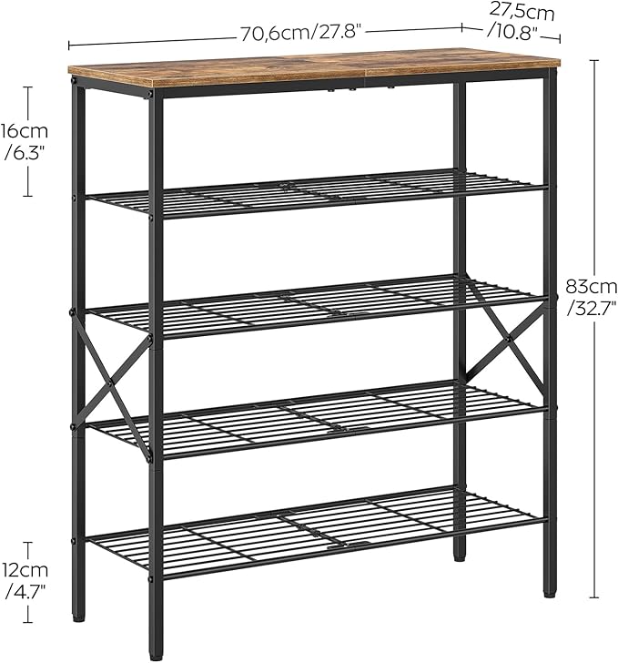 YATINEY 5-Tier Shoe Rack, Shoe Storage for Entryway and Closet, Free Standing Shoe Organizer with Metal Mesh Shelves, 16-20 Pairs of Shoes, Rustic Brown and Black SS05BR