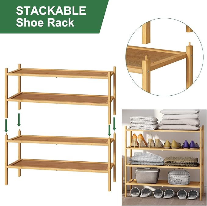 kiplant Bamboo Shoe Rack, 2-Tier Shoe Rack for Entryway, Free Standing Shoe Racks for Indoor & Outdoor, Stackable Shoe Organizer for Closet,