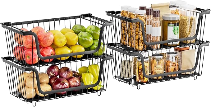4 Pcs Stackable Wire Baskets for Pantry Organizers and Storage