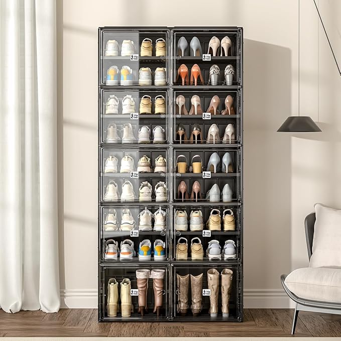 Vipbox Shoe Rack Organizer Cabinet for Closet Entryway,Clear Shoe Storage Boxes Stackable Sneaker Storage with Door Easy Assembly Black Shoe Cabinet with Lids Large 9 Tiers 36 Pairs