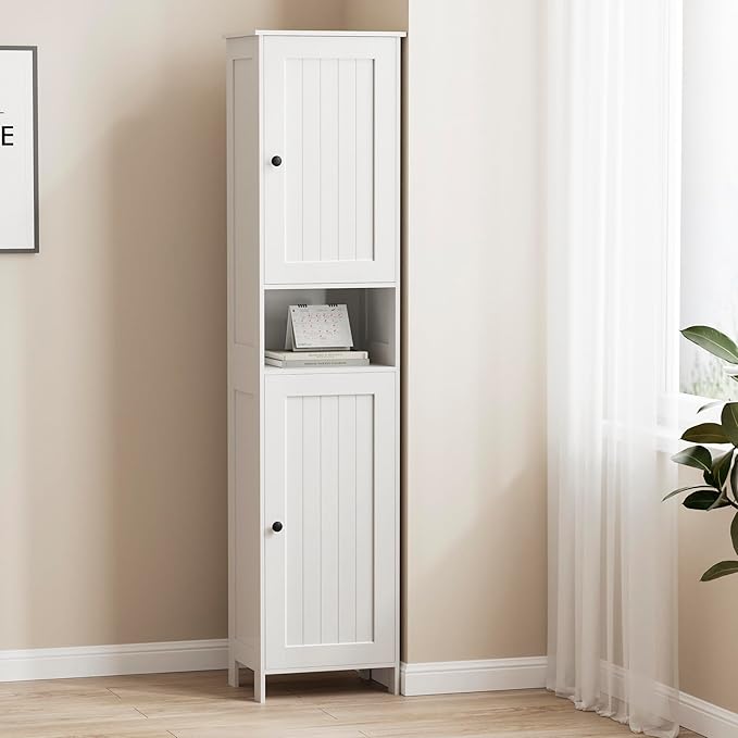 Homleke Tall Bathroom Storage Cabinet with 2 Doors, 67"H Narrow Storage Cabinet with Adjustable Shelves& Anti-Tip Design, Reversible Door Installation, Easy Assembly, 11.8 x 15.7 x 66.9 Inches, White