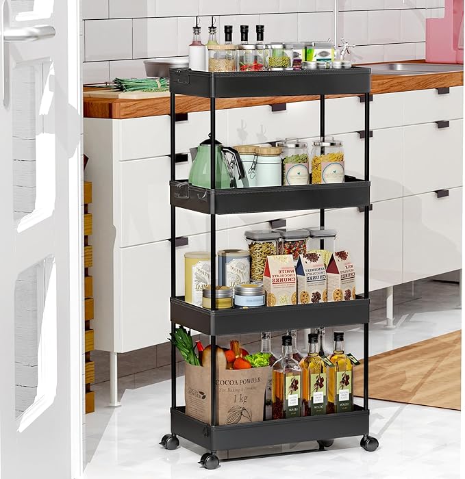 SPACEKEEPER Storage Cart 4-Tier, Bathroom Rolling Cart Utility Storage Organizer Shelf Mobile Shelving Unit for Kitchen Living Room Bathroom Laundry Room & Dressers, Black