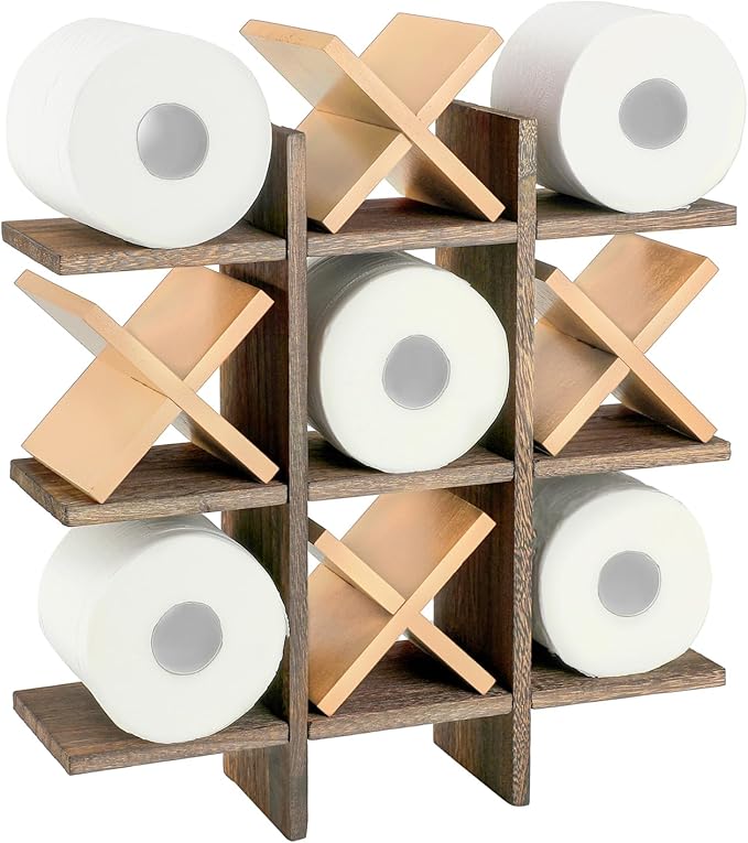 Weysat Tic Tac Toe Toilet Paper Holder Stand Bathroom Wall Decor Rustic Wooden Hanging Storage Freestanding Wall Mounted Shelves Decor for Toilet Tissue Farmhouse