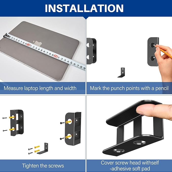 BYMECOST Under Desk Laptop Storage Mount, Metal Under Desk Device Holder, for Devices Up to 2.1" Thick, MacBook, Mini, Keyboard, Router, with Anti-Scratch Silicone (Black)